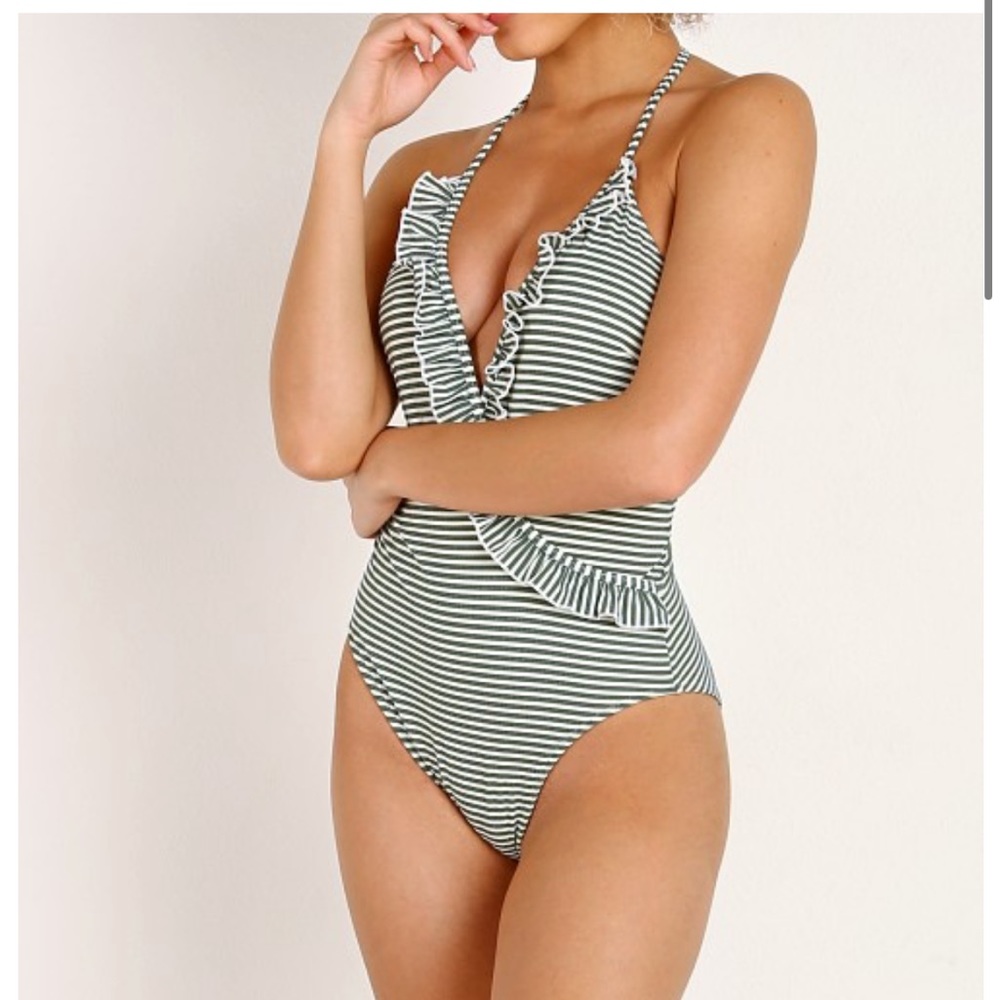 SOLID & STRIPED Green and White Striped Ruffle One-Piece Swimsuit